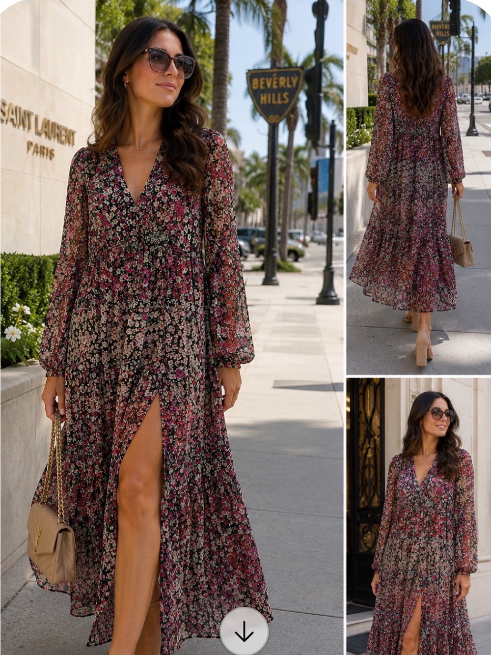 Hale Bob Pink Floral V-Neck Long Sleeve Maxi Dress